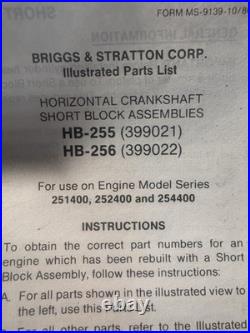 Briggs Stratton Gas Engine Short block Hb-256 HORZ #399022 New Motor taper Shaft